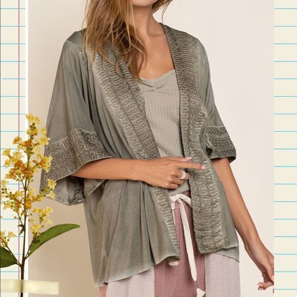 BOHO Embroidered Kimono in Olive - Picture 8 of 16